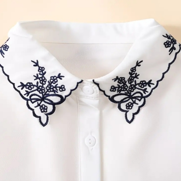 Accessories - White Peter Pan Collar Blouse with Navy Floral Embroidery